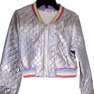 Beautees basic bomber Jacket Sliver with multicolor rims Girls sz 14